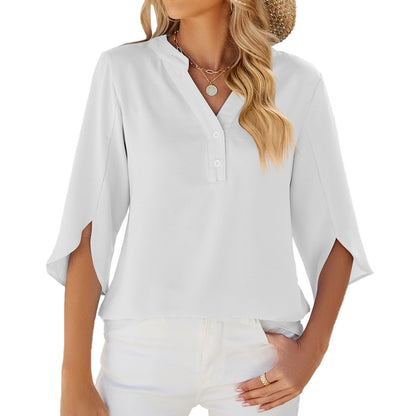 V-neck Mid-sleeve Chiffon Solid Color Top