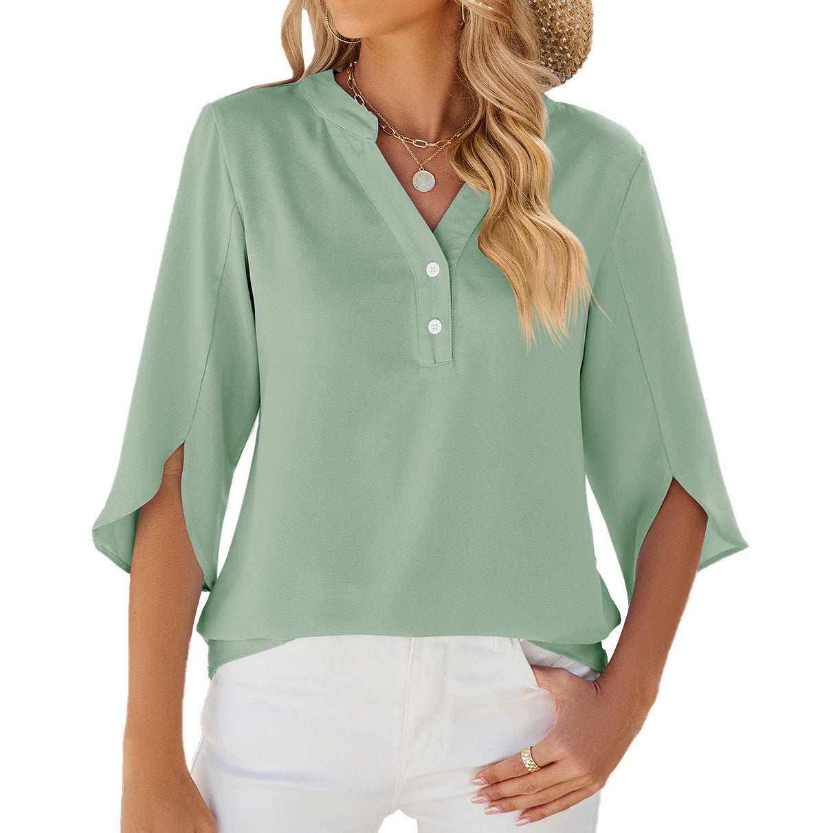 V-neck Mid-sleeve Chiffon Solid Color Top