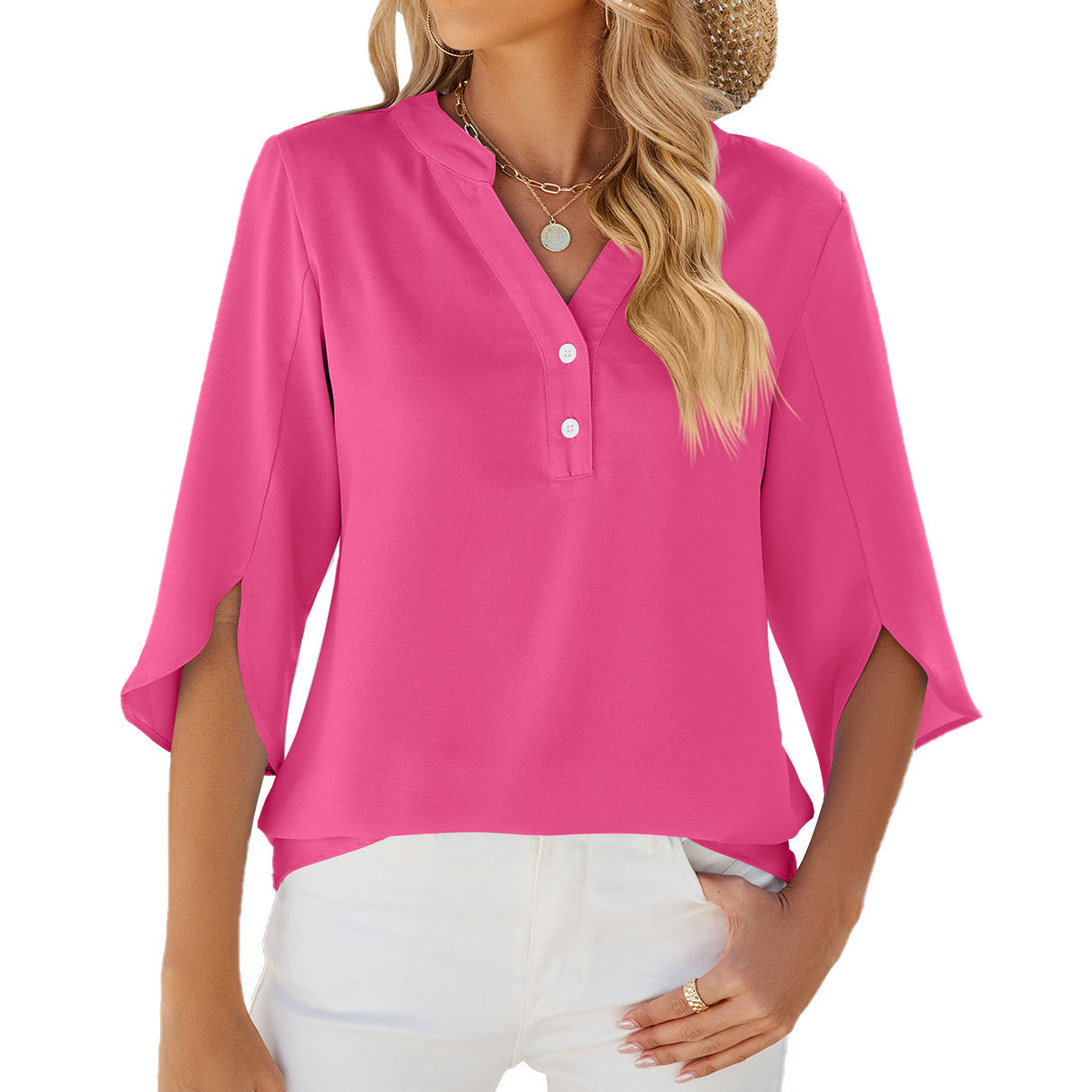 V-neck Mid-sleeve Chiffon Solid Color Top