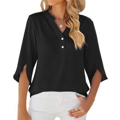 V-neck Mid-sleeve Chiffon Solid Color Top