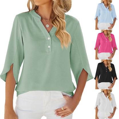 V-neck Mid-sleeve Chiffon Solid Color Top